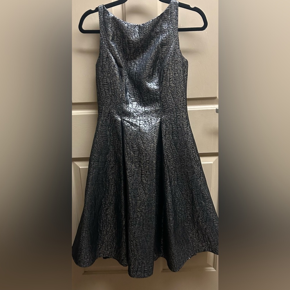 Adrianna Papell Grey Metallic Prom Dress with Pockets